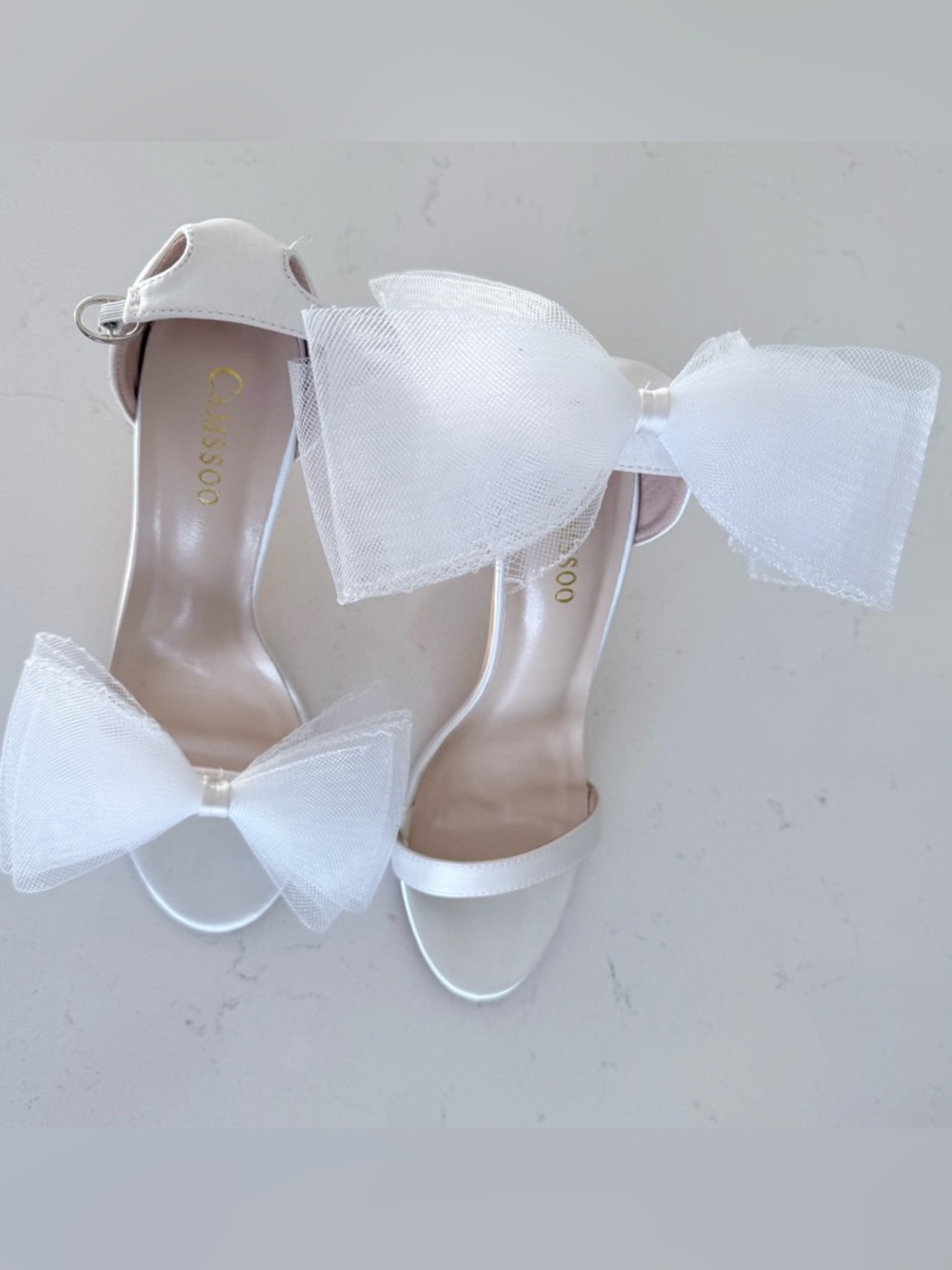 White Bow Ankle-Strap Heels